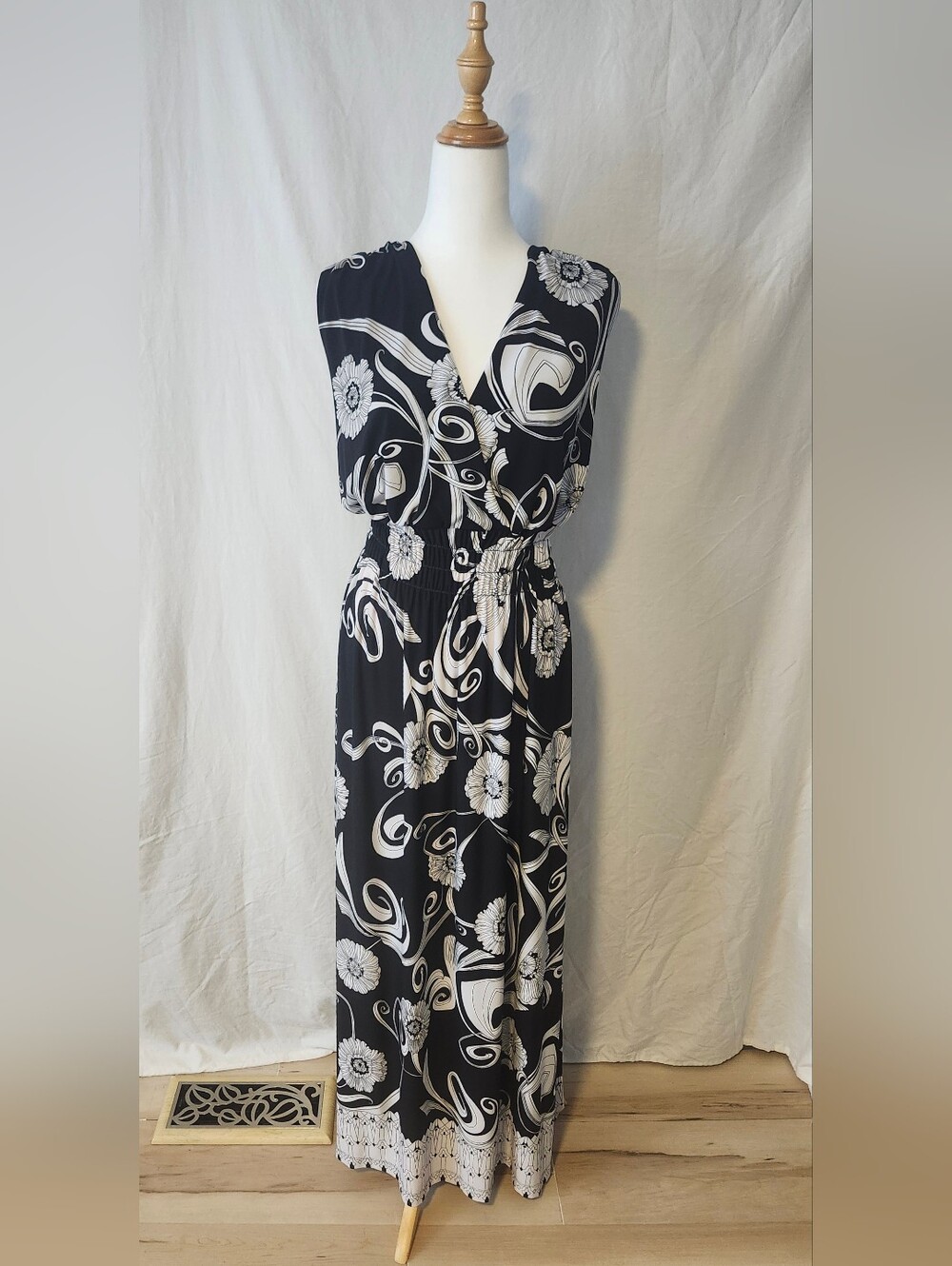 Black & White Floral Maxi Dress with Smocked Waist By Style & Co
